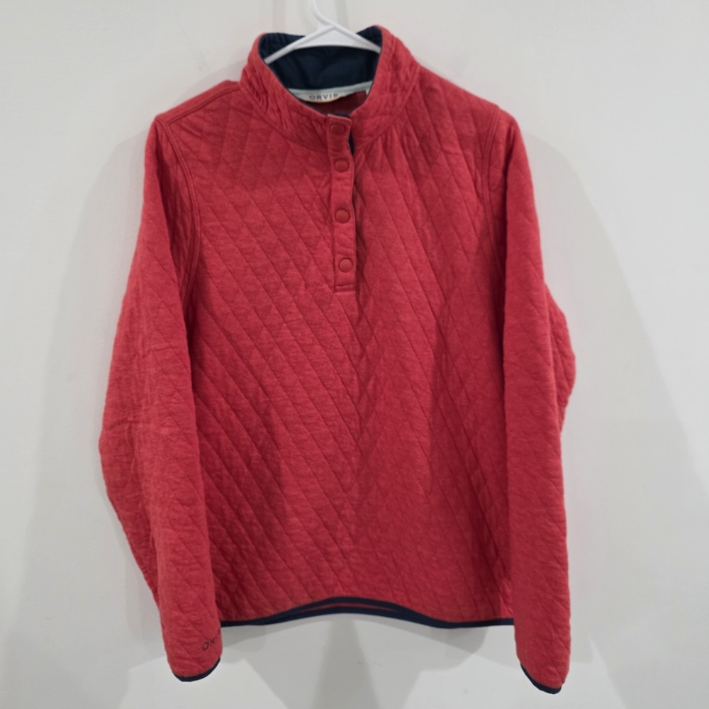 Orvis Womens Quilted Sweater Size Medium Coral Henley Outdoor Hiking Gorpcore